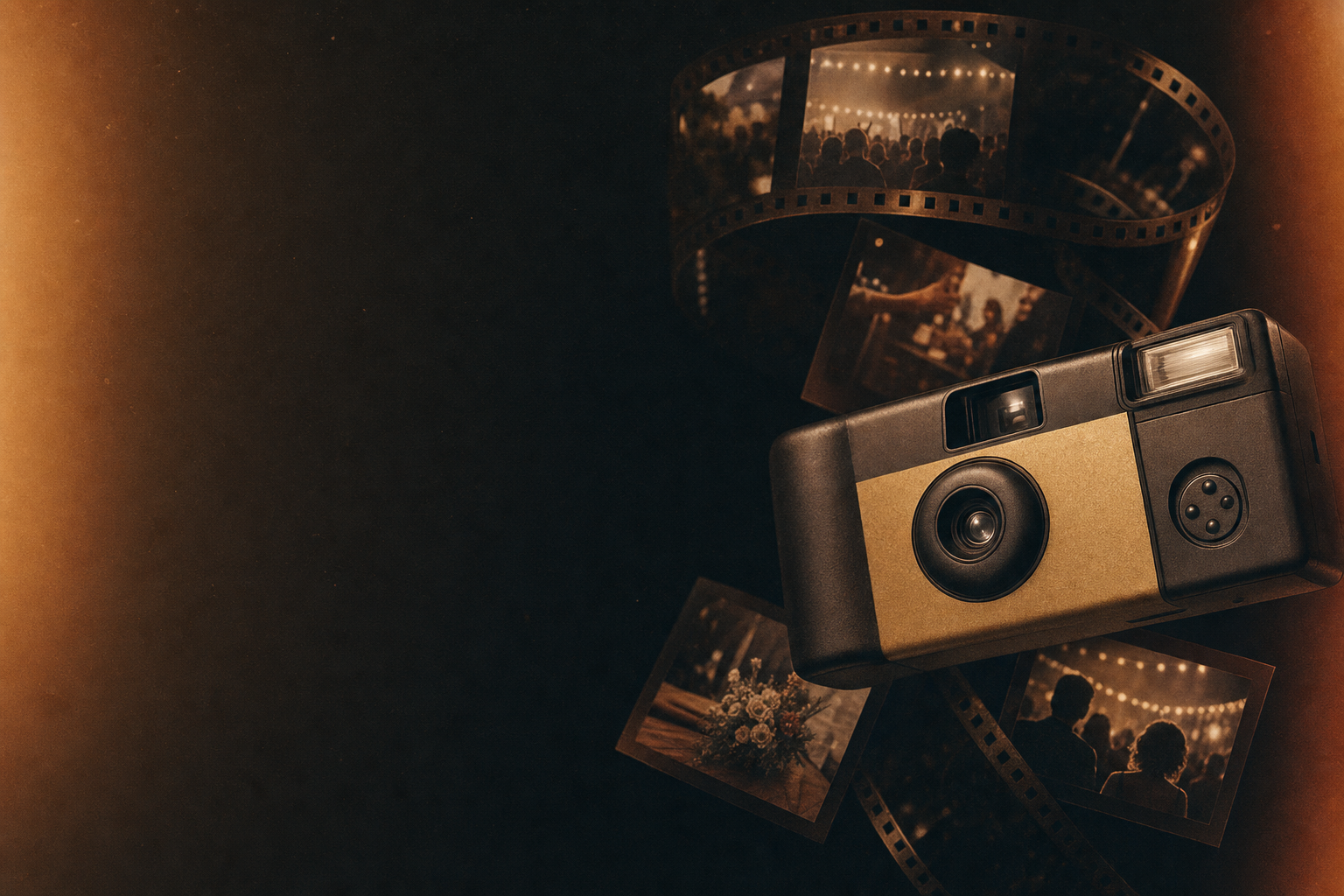 A vintage disposable film camera surrounded by curling 35mm film strips and scattered developed photos, lit by a warm light leak.